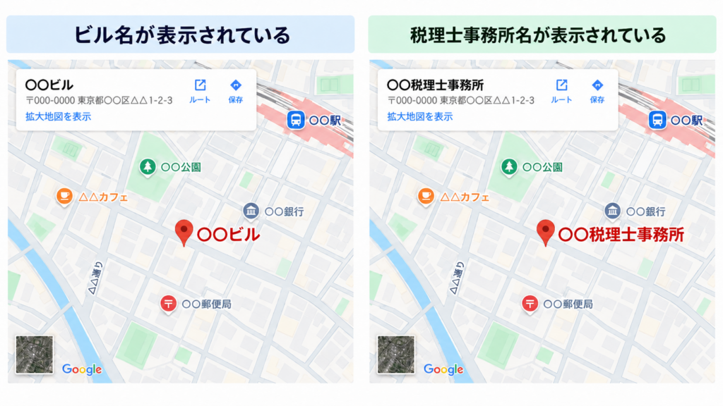 Googleマップに税理士事務所ではなく「ビル名」が表示されている