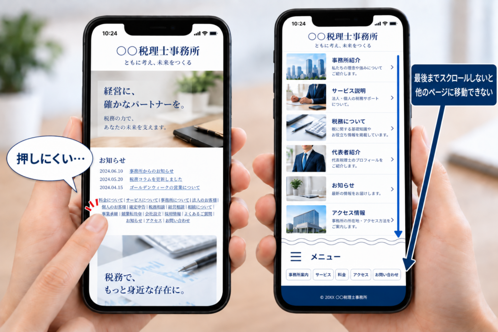スマホでは一番下まで行かないと他のページに移動できない 