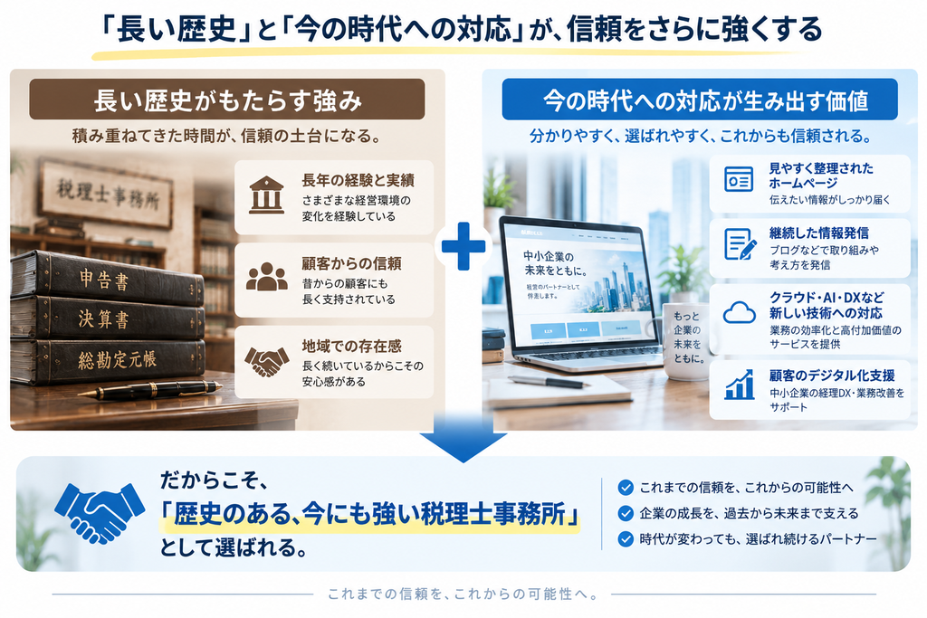 長い歴史による信頼と、ホームページ・情報発信・AI・DXなど今の時代への対応を組み合わせる税理士事務所の強み