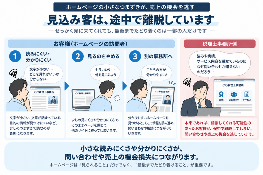 読みにくい税理士事務所HPからお客様が離れ、問い合わせや売上機会を逃す流れ