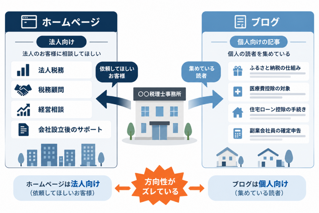 ホームページは法人向けなのに、ブログは個人向けの記事が中心になっている