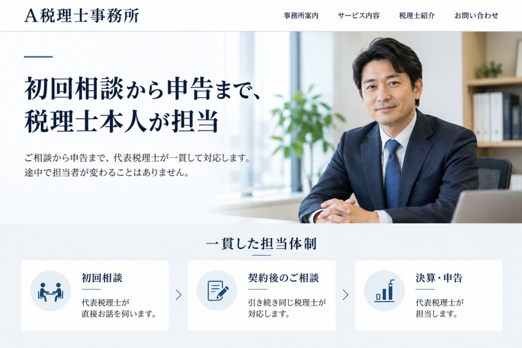 A税理士事務所が初回相談から申告まで代表税理士本人が担当することを紹介したHP再現画像
