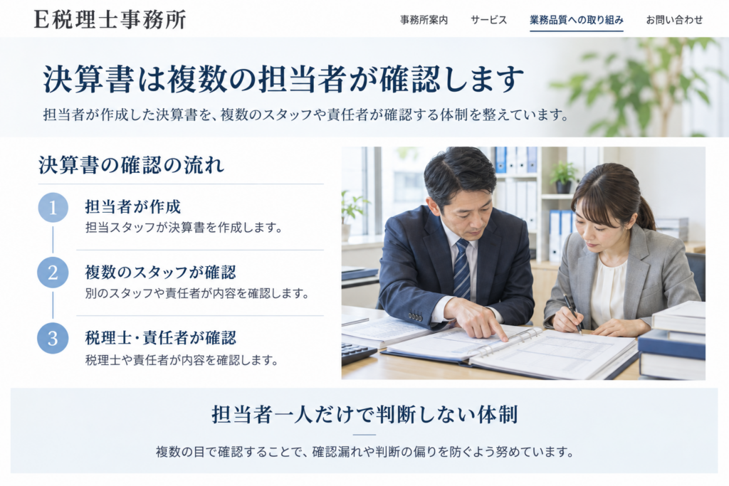 E税理士事務所が決算書を複数のスタッフや税理士で確認する流れを紹介したHP再現画像