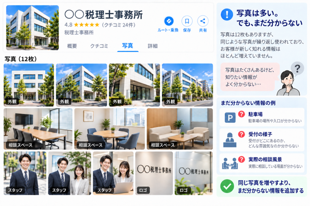 同じ外観、同じ相談室、同じスタッフ、ロゴなどが何枚も並んでいる状態