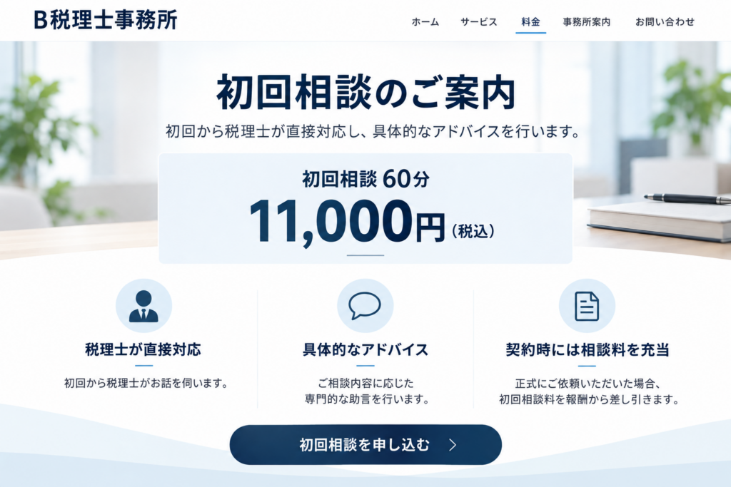 B税理士事務所が初回相談の料金と具体的なアドバイス、契約時の相談料充当を案内する例