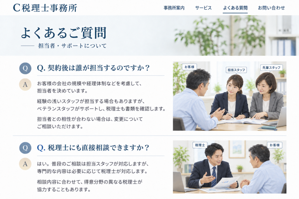 C税理士事務所が経験の浅いスタッフへのフォロー体制や税理士への相談方法を説明したFAQ再現画像
