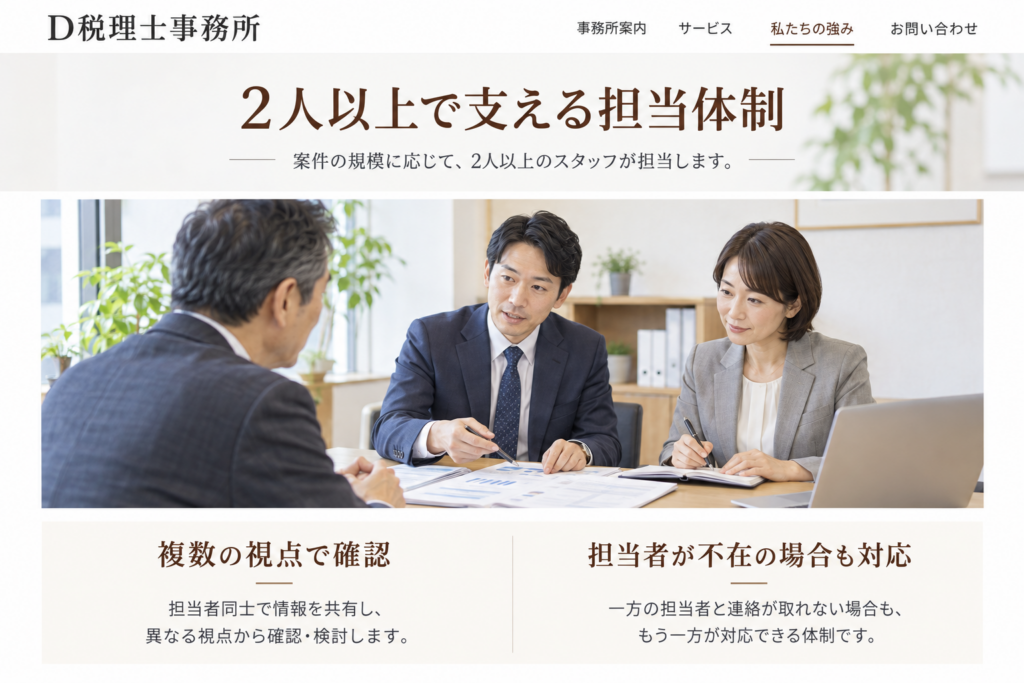 D税理士事務所が2人以上の担当者で対応するメリットを紹介したHP再現画像