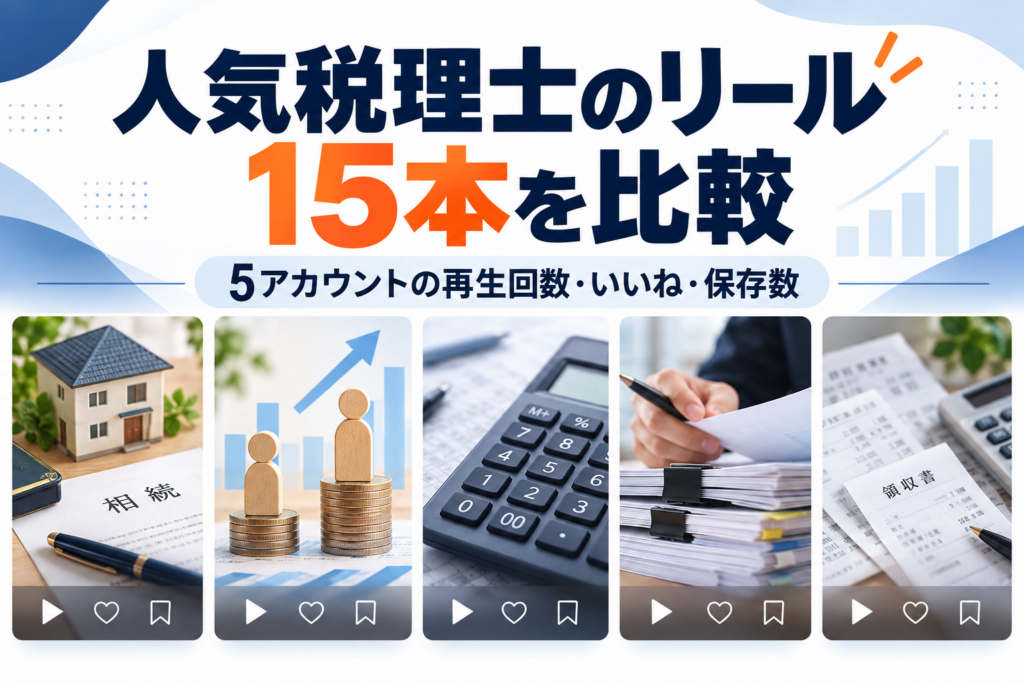 人気税理士5アカウントのInstagramリール15本を比較。再生回数・いいね数・保存数を調査した記事のアイキャッチ画像。