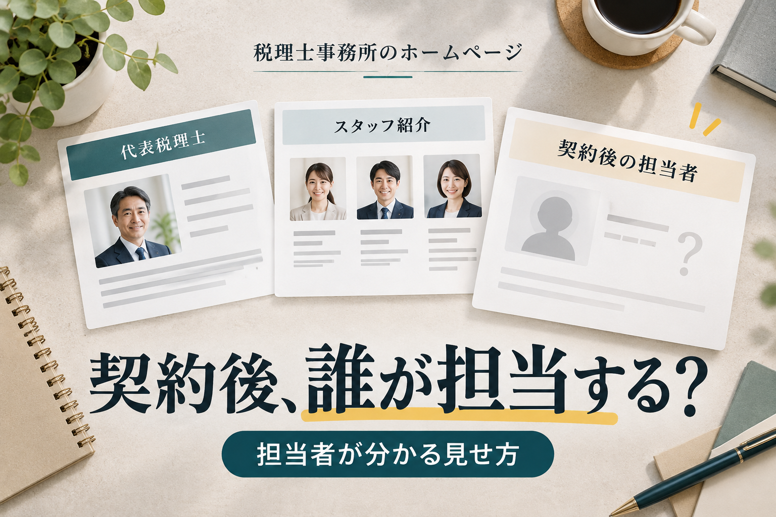税理士事務所の代表者やスタッフは紹介されているが、契約後の担当者が分からない状態を表した画像